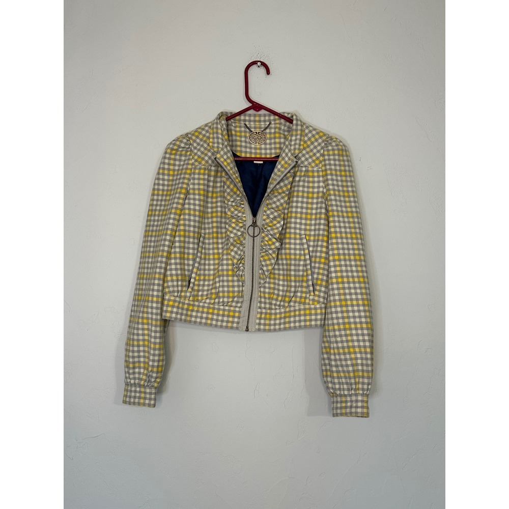 Adra Plaid Ruffle‎ Trim Cropped Jacket Yellow Gray Size 0 Cute